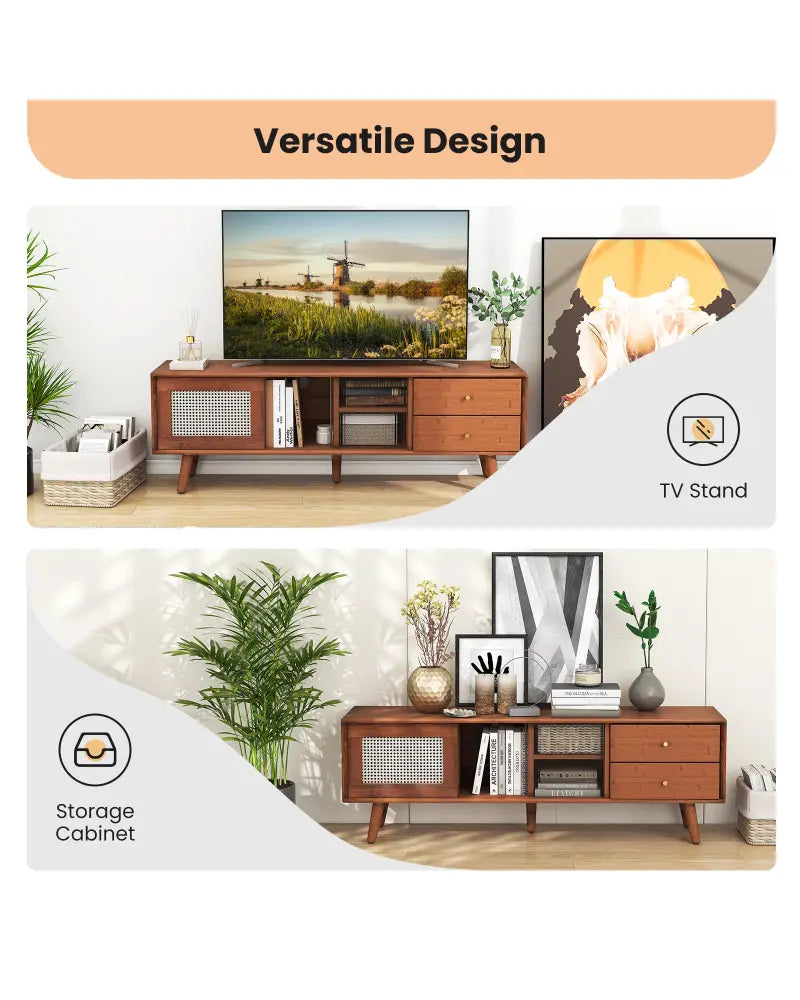 Bamboo TV Stand for TV up to 65 Inch-Brown - Brown - Entertainment Centers & TV Stands