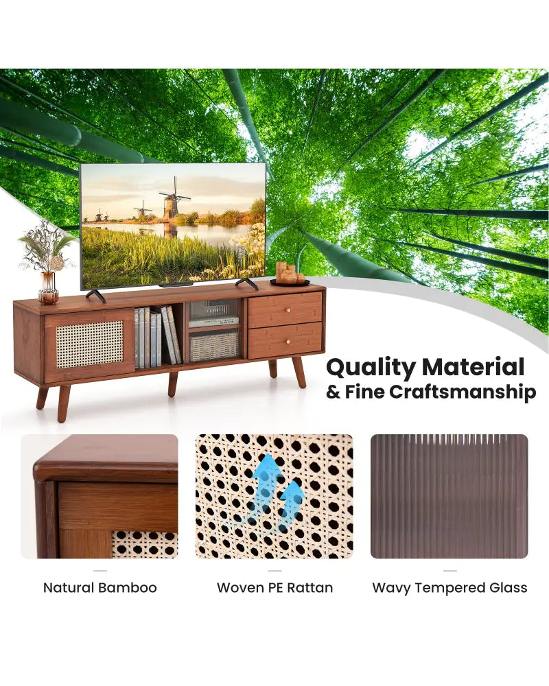 Bamboo TV Stand for TV up to 65 Inch-Brown - Brown - Entertainment Centers & TV Stands