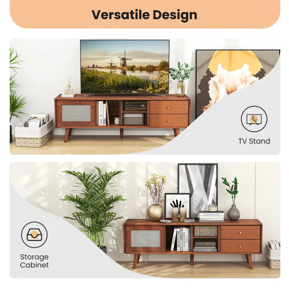 Bamboo TV Stand for TV up to 65 Inch-Brown - Brown - Entertainment Centers & TV Stands