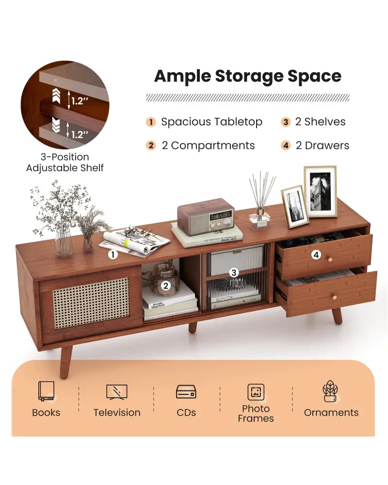 Bamboo TV Stand for TV up to 65 Inch-Brown - Brown - Entertainment Centers & TV Stands