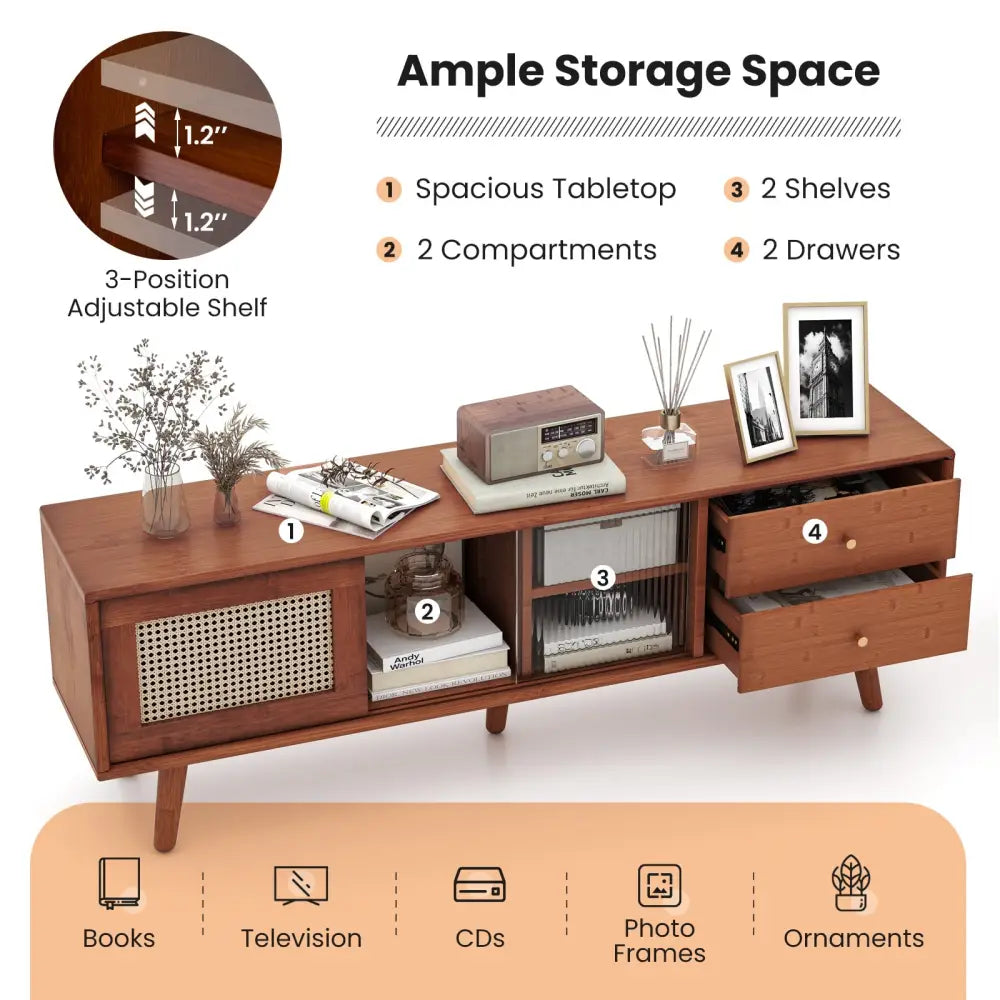 Bamboo TV Stand for TV up to 65 Inch-Brown - Brown - Entertainment Centers & TV Stands