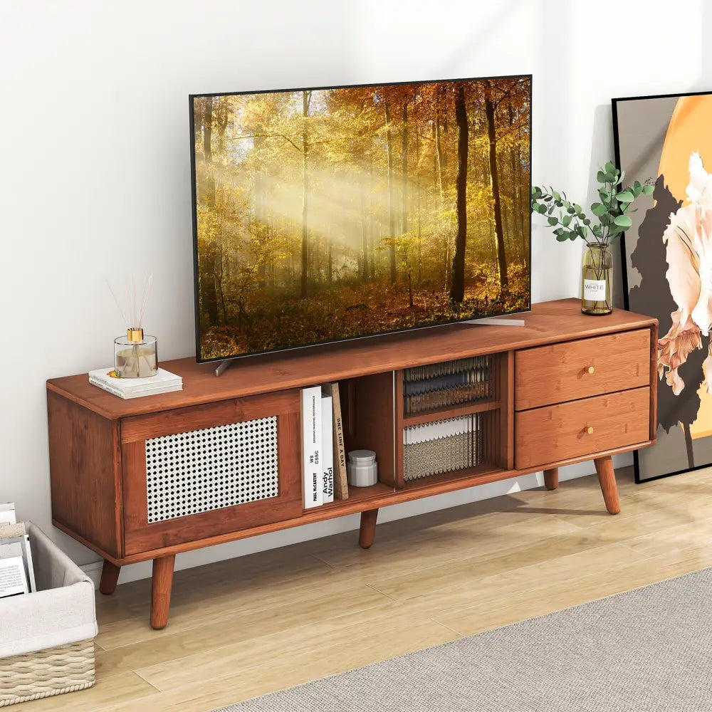 Bamboo TV Stand for TV up to 65 Inch-Brown - Brown - Entertainment Centers & TV Stands