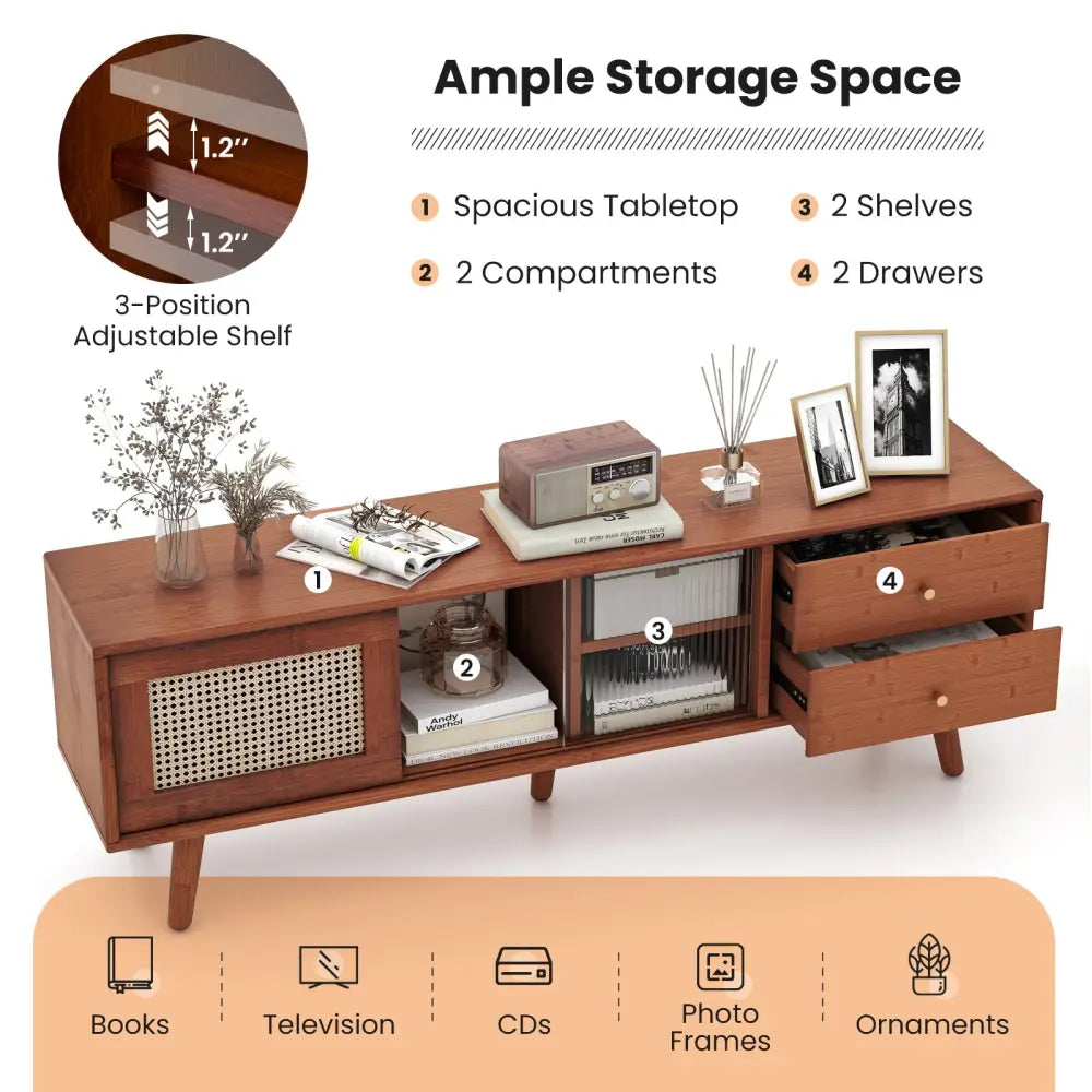 Bamboo TV Stand for TV up to 65 Inch-Brown - Brown - Entertainment Centers & TV Stands