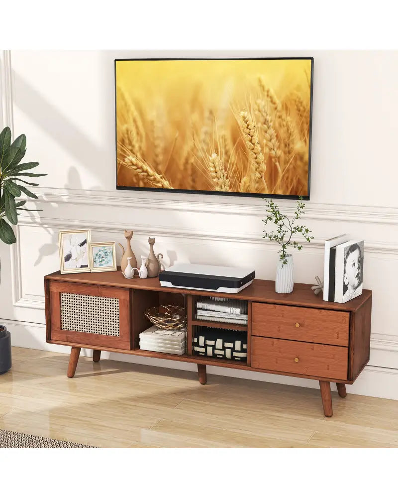 Bamboo TV Stand for TV up to 65 Inch-Brown - Brown - Entertainment Centers & TV Stands