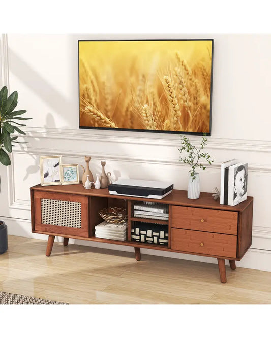 Bamboo TV Stand for TV up to 65 Inch-Brown - Brown - Entertainment Centers & TV Stands