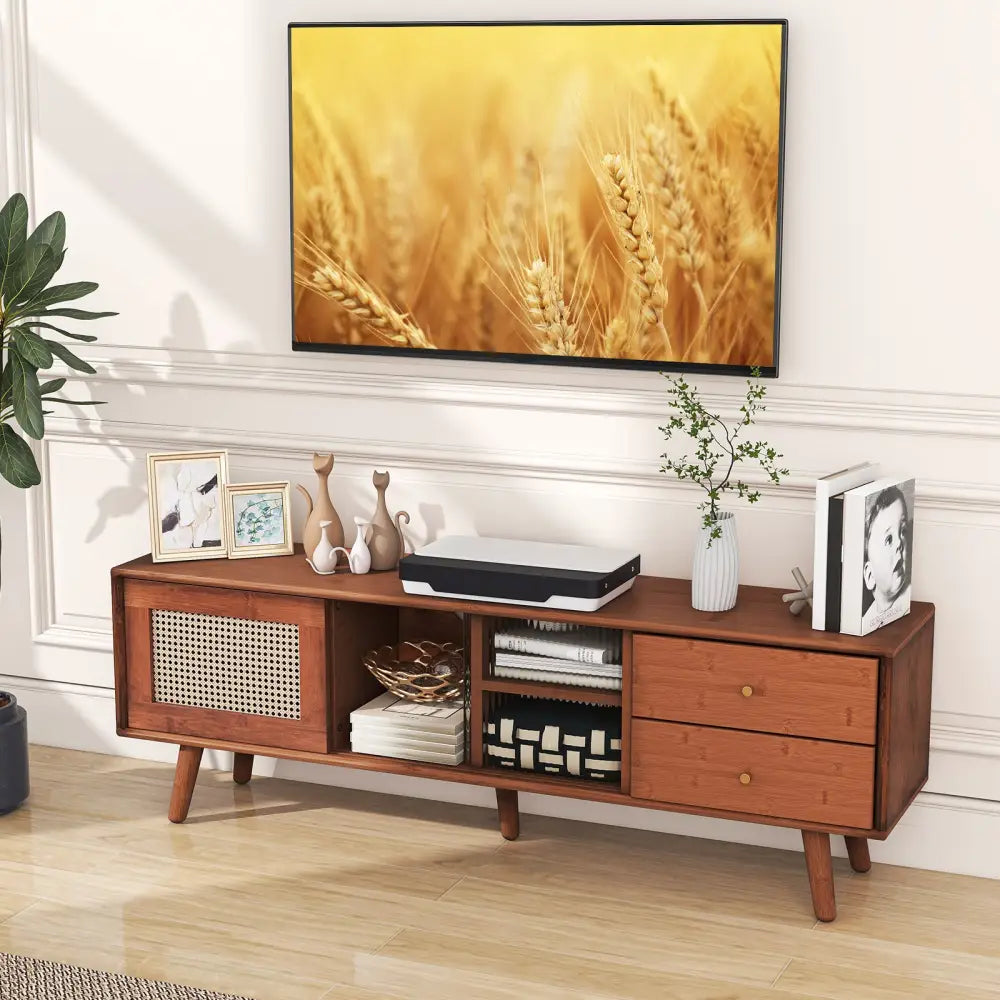 Bamboo TV Stand for TV up to 65 Inch-Brown - Brown - Entertainment Centers & TV Stands
