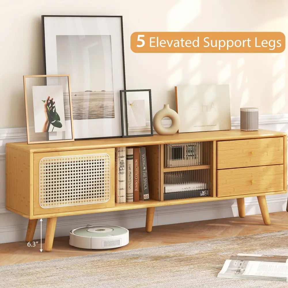 Bamboo TV Stand for TV up to 65 Inch-Natural - Natural - Entertainment Centers & TV Stands