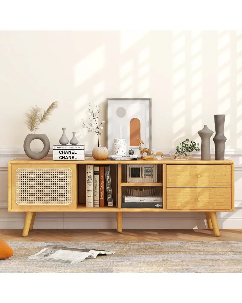 Bamboo TV Stand for TV up to 65 Inch-Natural - Natural - Entertainment Centers & TV Stands