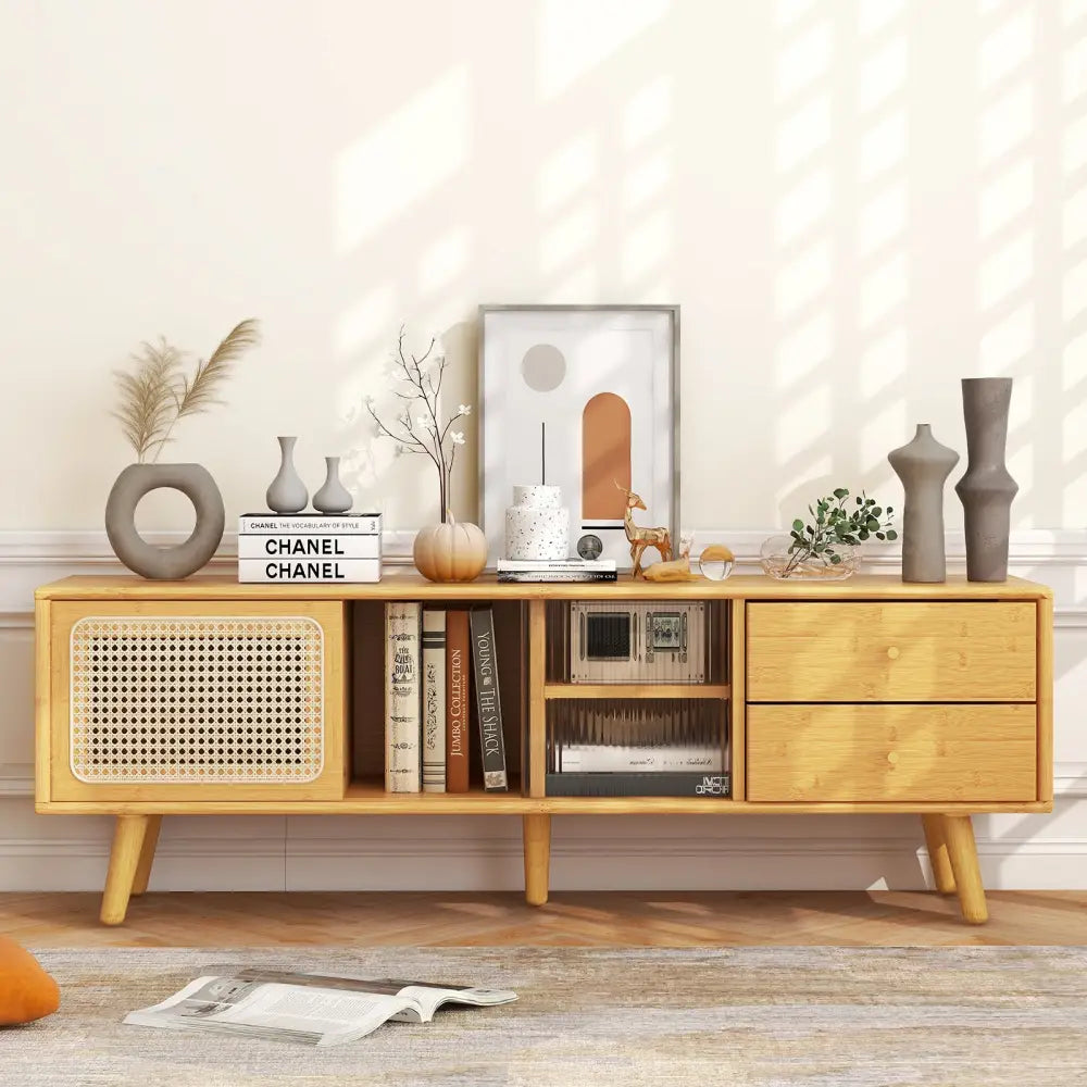 Bamboo TV Stand for TV up to 65 Inch-Natural - Natural - Entertainment Centers & TV Stands