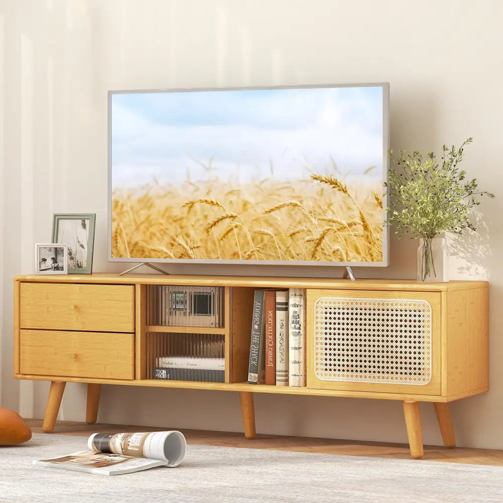 Bamboo TV Stand for TV up to 65 Inch-Natural - Natural - Entertainment Centers & TV Stands