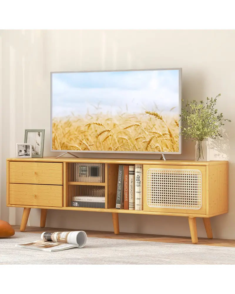 Bamboo TV Stand for TV up to 65 Inch-Natural - Natural - Entertainment Centers & TV Stands