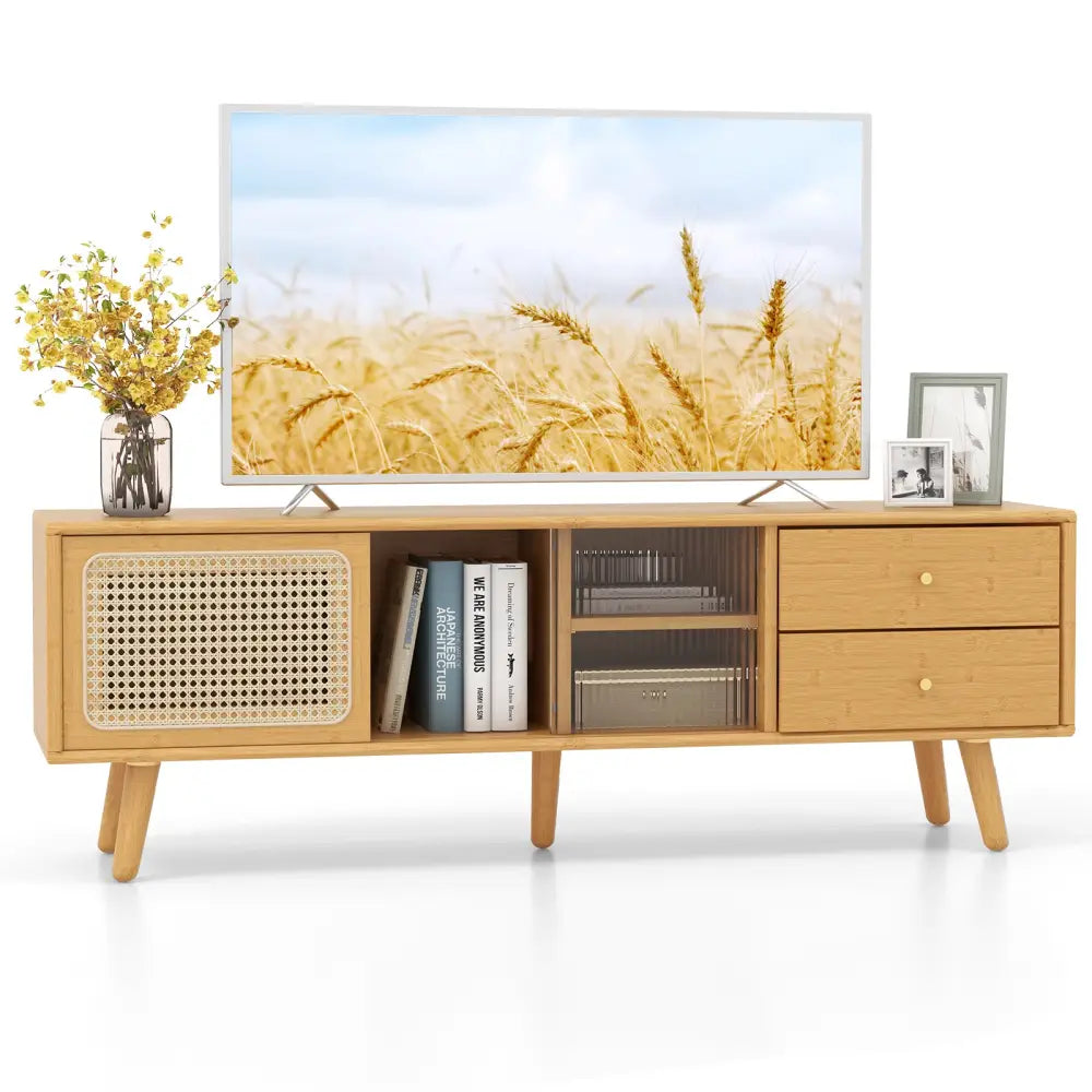 Bamboo TV Stand for TV up to 65 Inch-Natural - Natural - Entertainment Centers & TV Stands