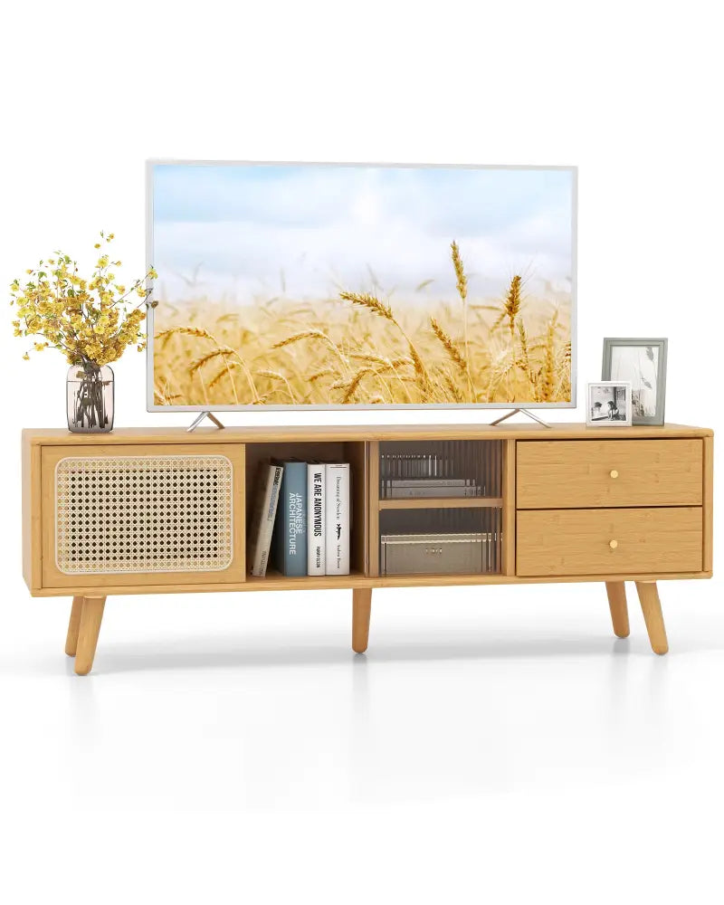 Bamboo TV Stand for TV up to 65 Inch-Natural - Natural - Entertainment Centers & TV Stands