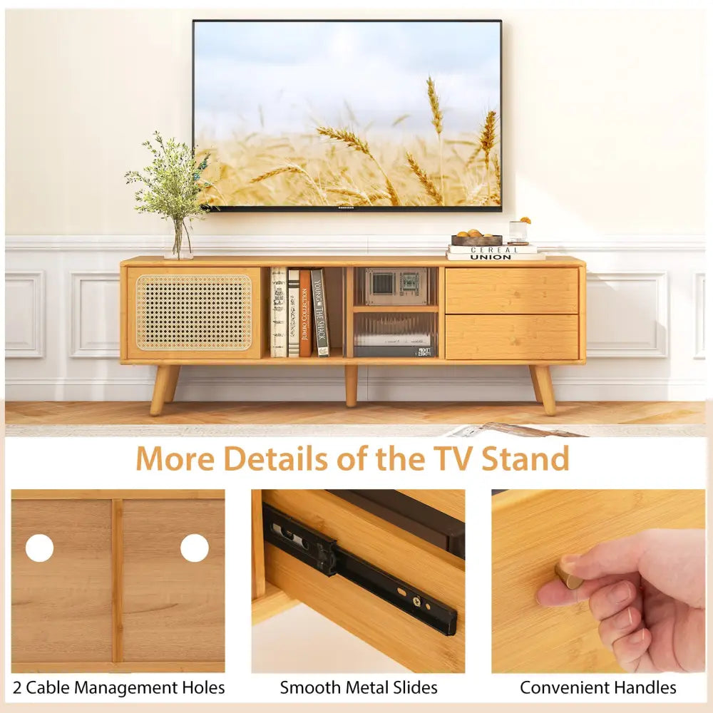 Bamboo TV Stand for TV up to 65 Inch-Natural - Natural - Entertainment Centers & TV Stands
