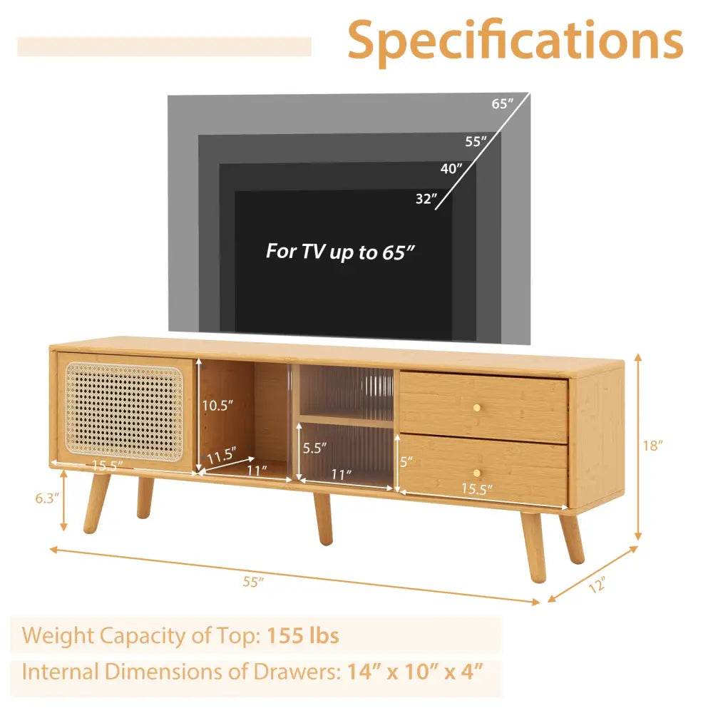 Bamboo TV Stand for TV up to 65 Inch-Natural - Natural - Entertainment Centers & TV Stands