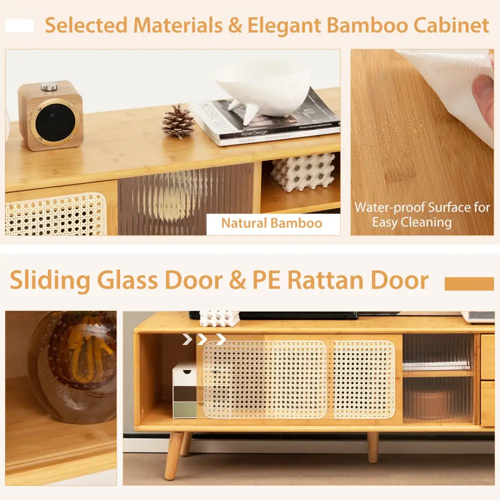 Bamboo TV Stand for TV up to 65 Inch-Natural - Natural - Entertainment Centers & TV Stands