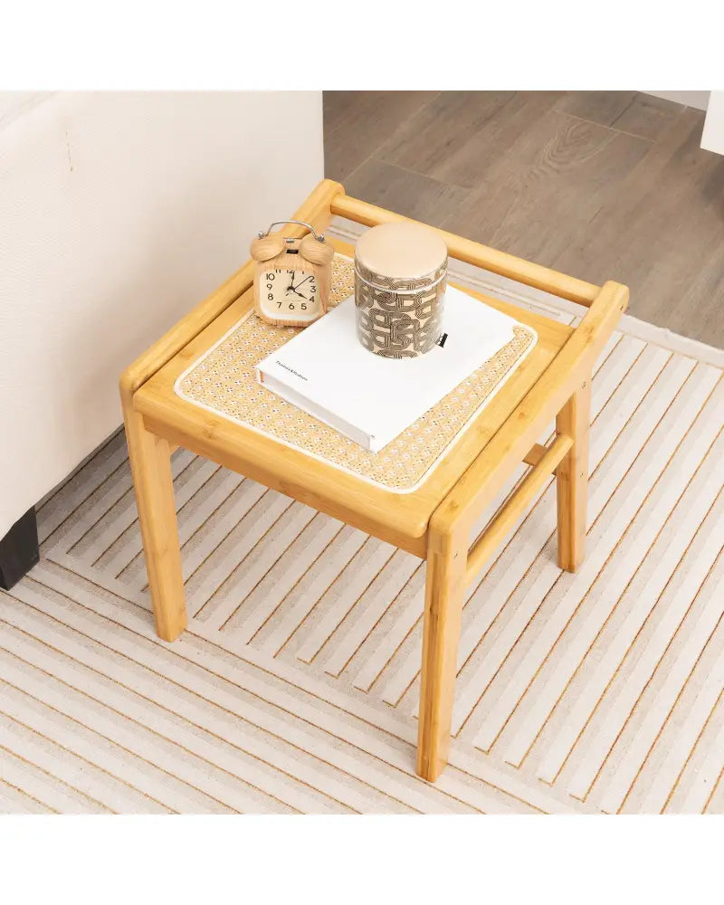 Bamboo Vanity Stool with Rattan Top and Reinforcement Bar-Natural - Natural - Makeup Vanities
