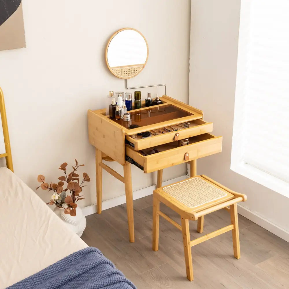 Bamboo Vanity Stool with Rattan Top and Reinforcement Bar-Natural - Natural - Makeup Vanities