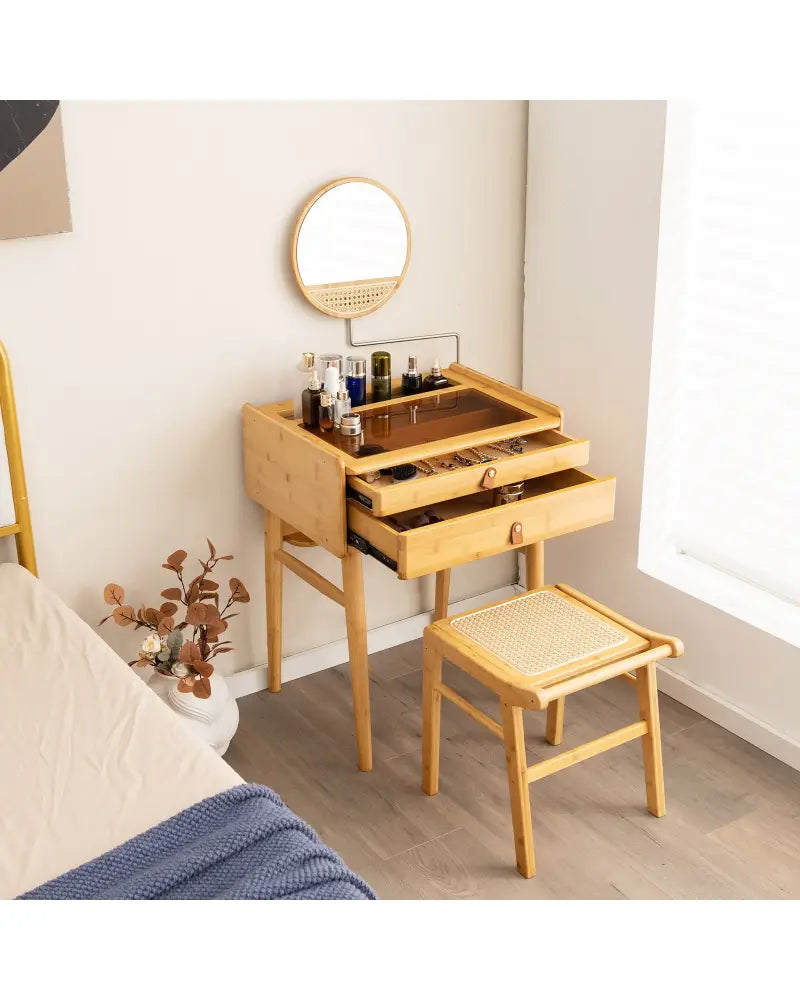 Bamboo Vanity Stool with Rattan Top and Reinforcement Bar-Natural - Natural - Makeup Vanities