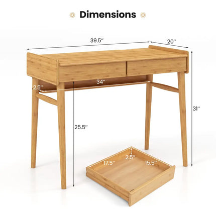 Bamboo Writing Desk with 2 Storage Drawers and Open Shelf-Natural - Natural - Writing Desks