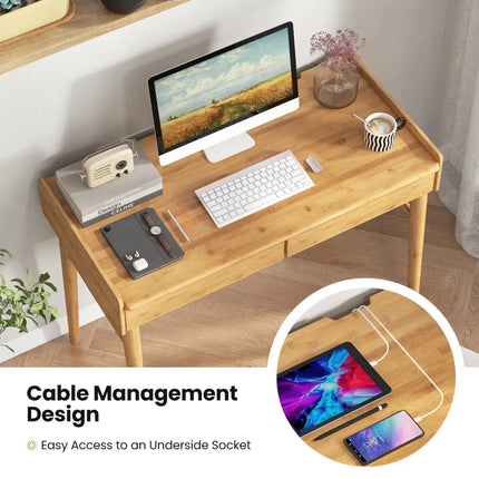 Bamboo Writing Desk with 2 Storage Drawers and Open Shelf-Natural - Natural - Writing Desks