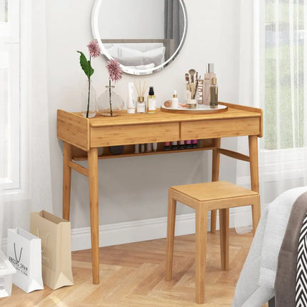 Bamboo Writing Desk with 2 Storage Drawers and Open Shelf-Natural - Natural - Writing Desks