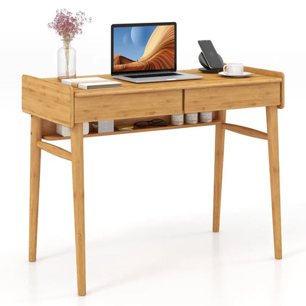 Bamboo Writing Desk with 2 Storage Drawers and Open Shelf-Natural - Natural - Writing Desks