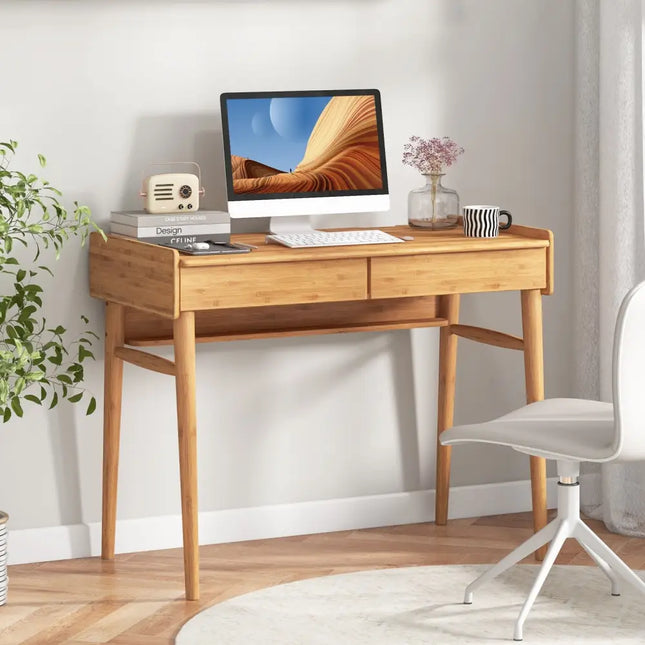 Bamboo Writing Desk with 2 Storage Drawers and Open Shelf-Natural - Natural - Writing Desks