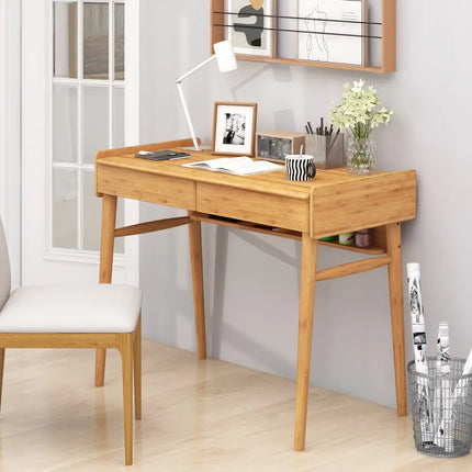 Bamboo Writing Desk with 2 Storage Drawers and Open Shelf-Natural - Natural - Writing Desks