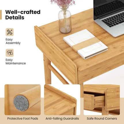 Bamboo Writing Desk with 2 Storage Drawers and Open Shelf-Natural - Natural - Writing Desks