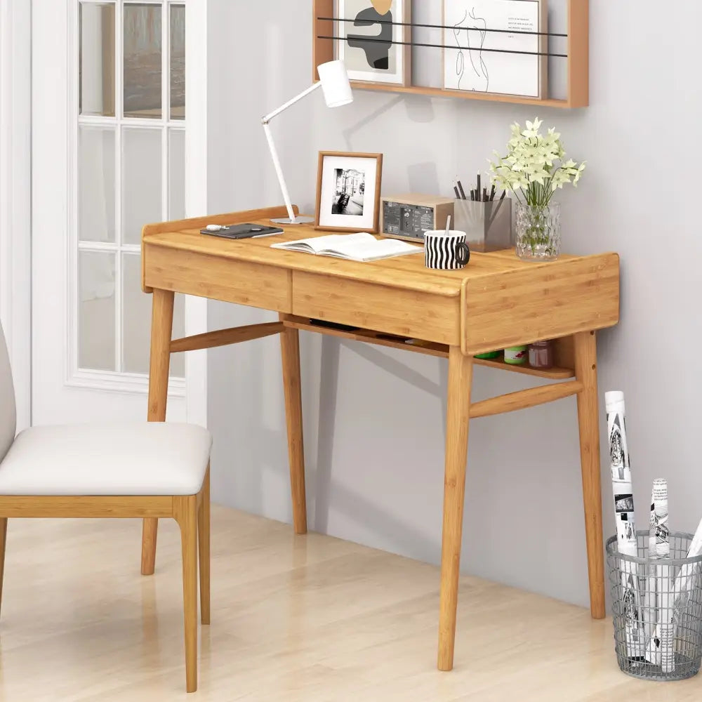 Bamboo Writing Desk with 2 Storage Drawers and Open Shelf-Natural - Natural - Writing Desks