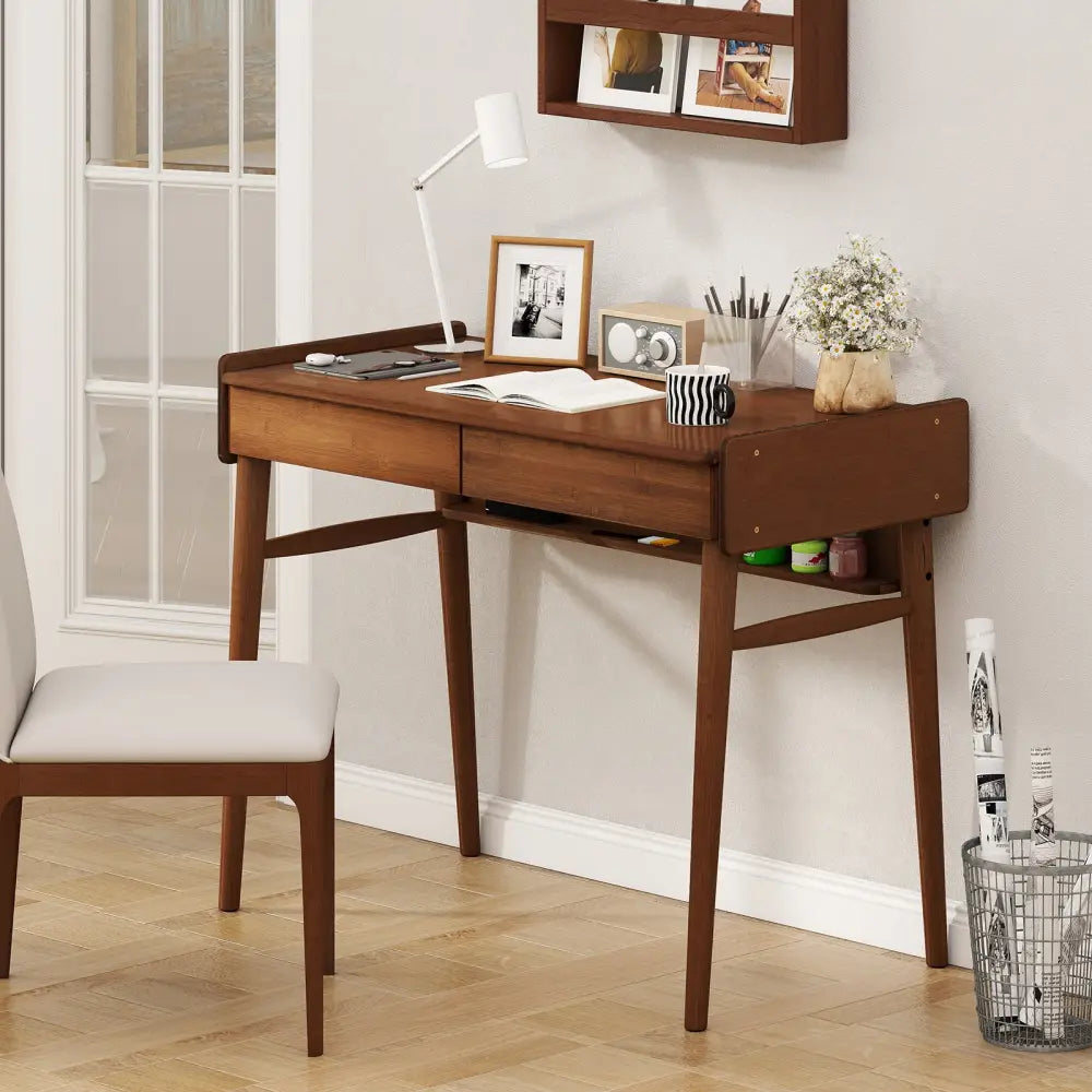 Bamboo Writing Desk with 2 Storage Drawers and Open Shelf-Walnut - Walnut - Writing Desks