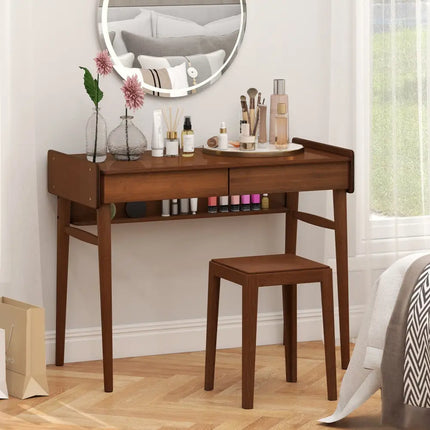 Bamboo Writing Desk with 2 Storage Drawers and Open Shelf-Walnut - Walnut - Writing Desks