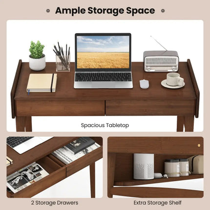 Bamboo Writing Desk with 2 Storage Drawers and Open Shelf-Walnut - Walnut - Writing Desks
