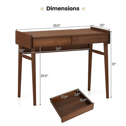 Bamboo Writing Desk with 2 Storage Drawers and Open Shelf-Walnut - Walnut - Writing Desks