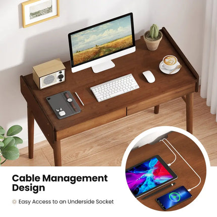 Bamboo Writing Desk with 2 Storage Drawers and Open Shelf-Walnut - Walnut - Writing Desks