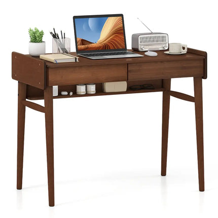 Bamboo Writing Desk with 2 Storage Drawers and Open Shelf-Walnut - Walnut - Writing Desks