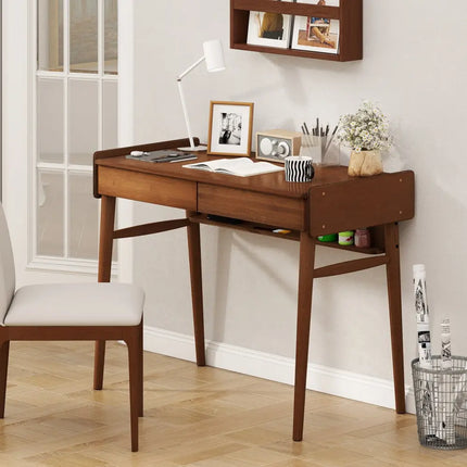 Bamboo Writing Desk with 2 Storage Drawers and Open Shelf-Walnut - Walnut - Writing Desks