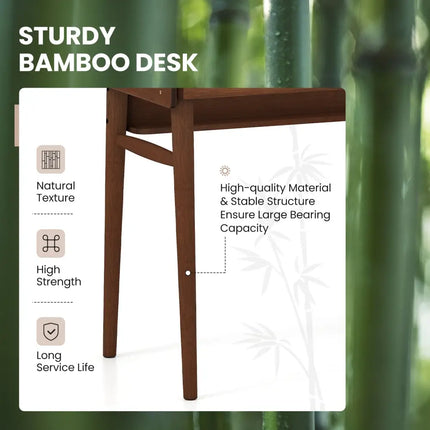 Bamboo Writing Desk with 2 Storage Drawers and Open Shelf-Walnut - Walnut - Writing Desks