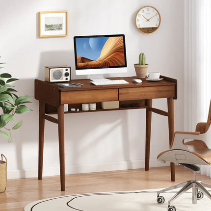 Bamboo Writing Desk with 2 Storage Drawers and Open Shelf-Walnut - Walnut - Writing Desks