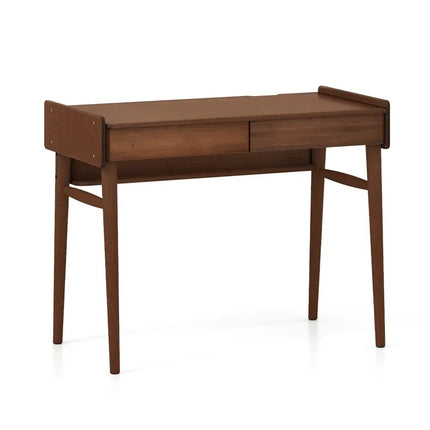 Bamboo Writing Desk with 2 Storage Drawers and Open Shelf-Walnut - Walnut - Writing Desks