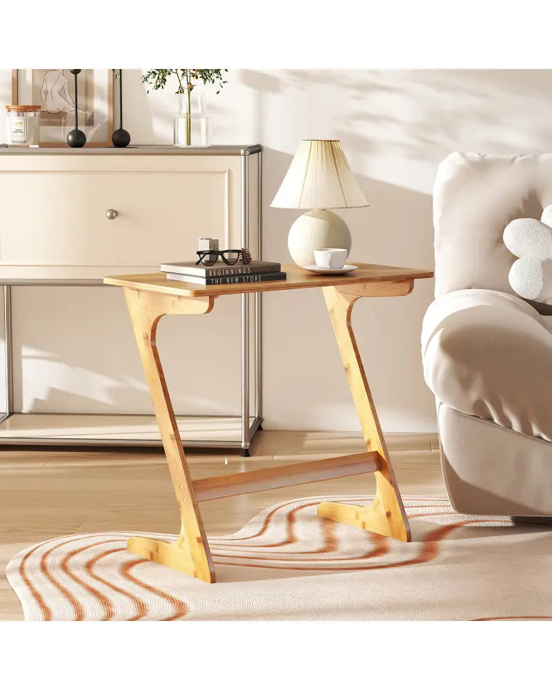 Bamboo Z-Shaped Spacious Sofa Side Table with Space-Saving Tabletop-Natural - Natural - End & Side Tables