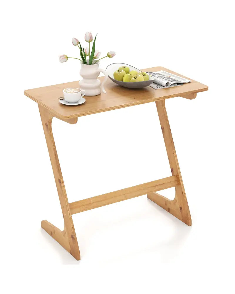 Bamboo Z-Shaped Spacious Sofa Side Table with Space-Saving Tabletop-Natural - Natural - End & Side Tables