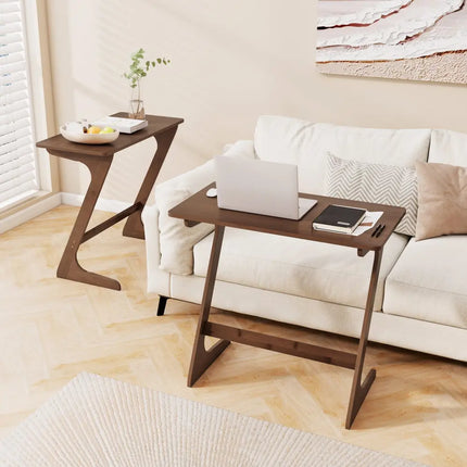 Bamboo Z-Shaped Spacious Sofa Side Table with Space-Saving Tabletop-Brown - Coffee - End & Side Tables