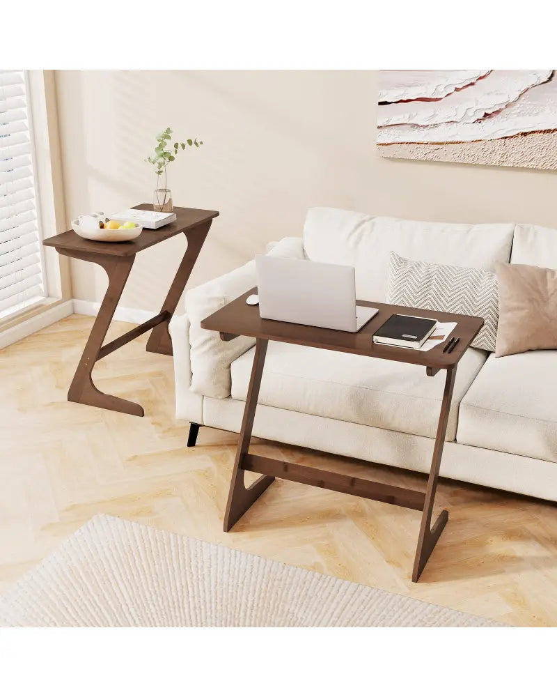 Bamboo Z-Shaped Spacious Sofa Side Table with Space-Saving Tabletop-Brown - Coffee - End & Side Tables