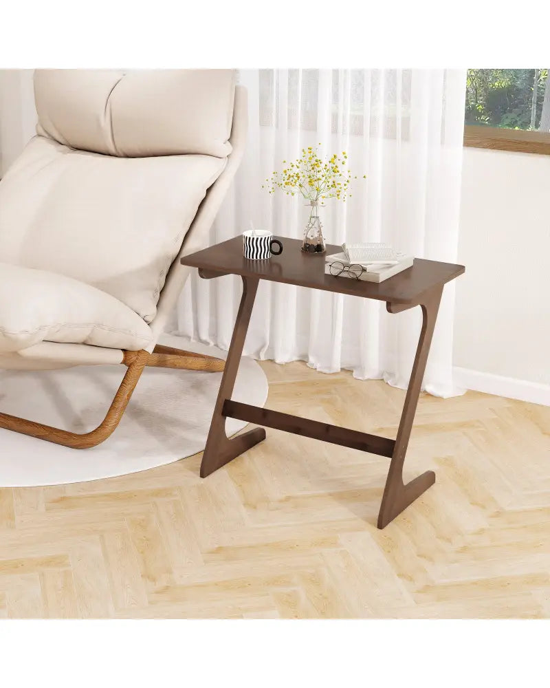 Bamboo Z-Shaped Spacious Sofa Side Table with Space-Saving Tabletop-Brown - Coffee - End & Side Tables