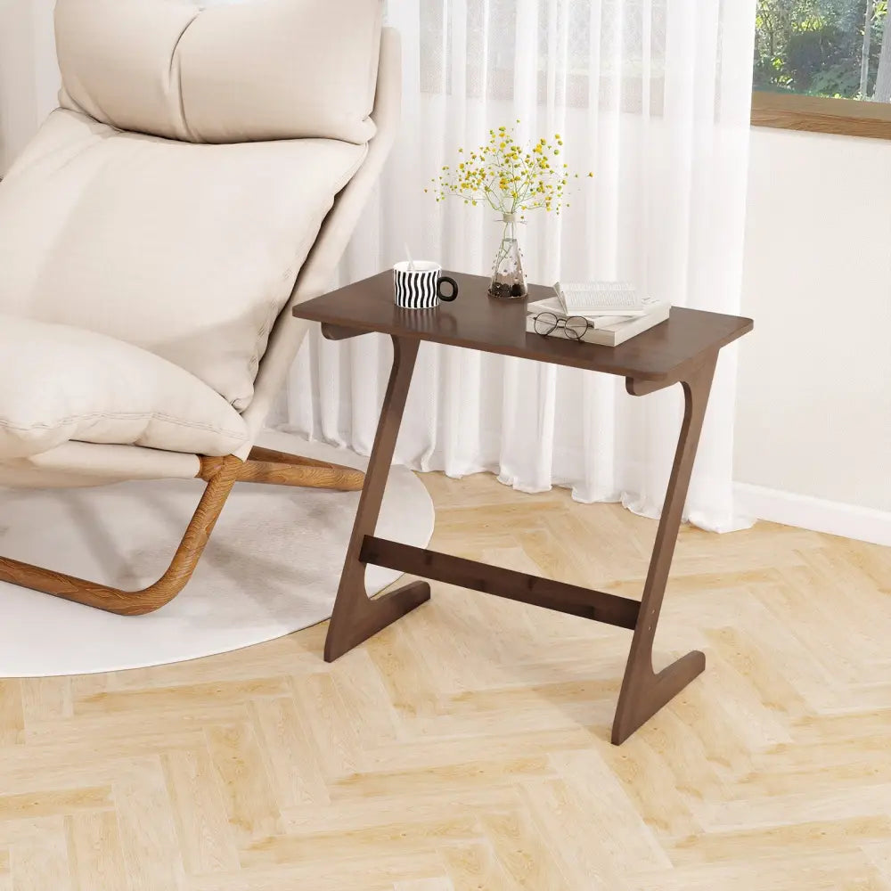 Bamboo Z-Shaped Spacious Sofa Side Table with Space-Saving Tabletop-Brown - Coffee - End & Side Tables