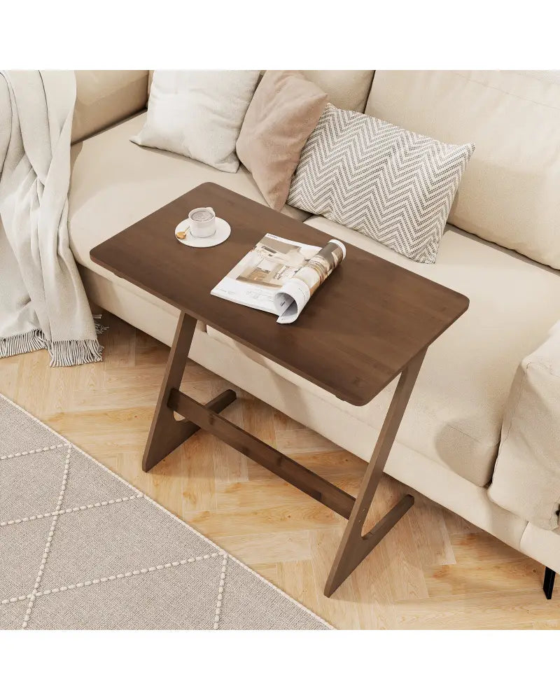 Bamboo Z-Shaped Spacious Sofa Side Table with Space-Saving Tabletop-Brown - Coffee - End & Side Tables