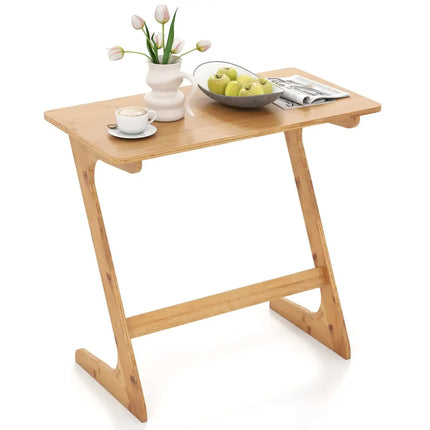 Bamboo Z-Shaped Spacious Sofa Side Table with Space-Saving Tabletop-Natural - Natural - End & Side Tables