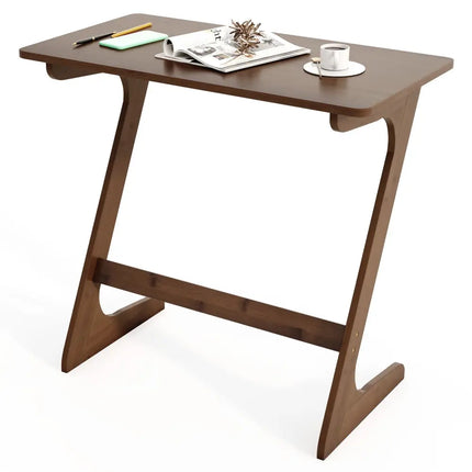 Bamboo Z-Shaped Spacious Sofa Side Table with Space-Saving Tabletop-Brown - Coffee - End & Side Tables